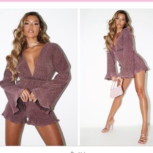 Pretty Little Thing -Hot Pink Glitter Plisse Flare Sleeve Plunge Romper -Size 10